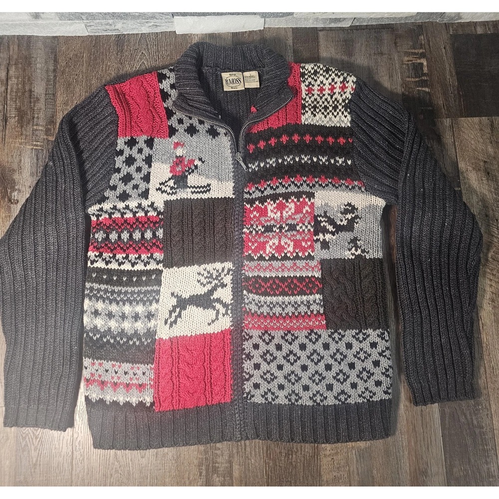 Vtg B Moss Holiday Sweater Cardigan Patchwork Knit Blend Zipper Women L Ski